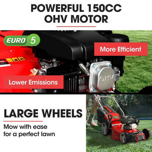 18" 150cc Self Propelled Lawn Mower, 7 Height, Steel Deck, Cup Holders, 4-Stroke Petrol Lawnmower