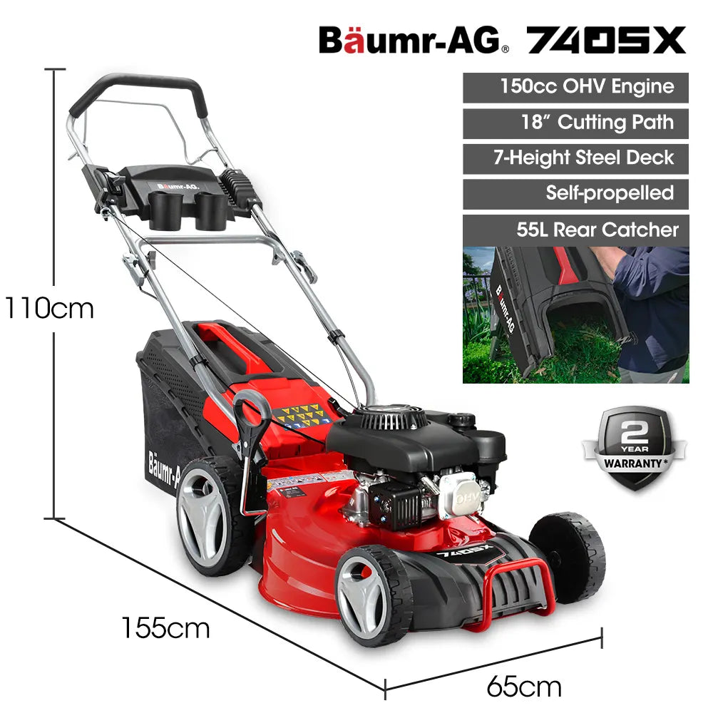 18" 150cc Self Propelled Lawn Mower, 7 Height, Steel Deck, Cup Holders, 4-Stroke Petrol Lawnmower