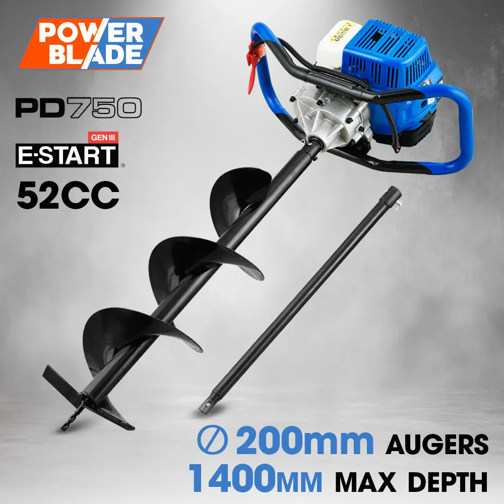 52cc 2-Stroke Petrol Post Hole Digger, 200mm Auger w/ 600mm Extension Shaft