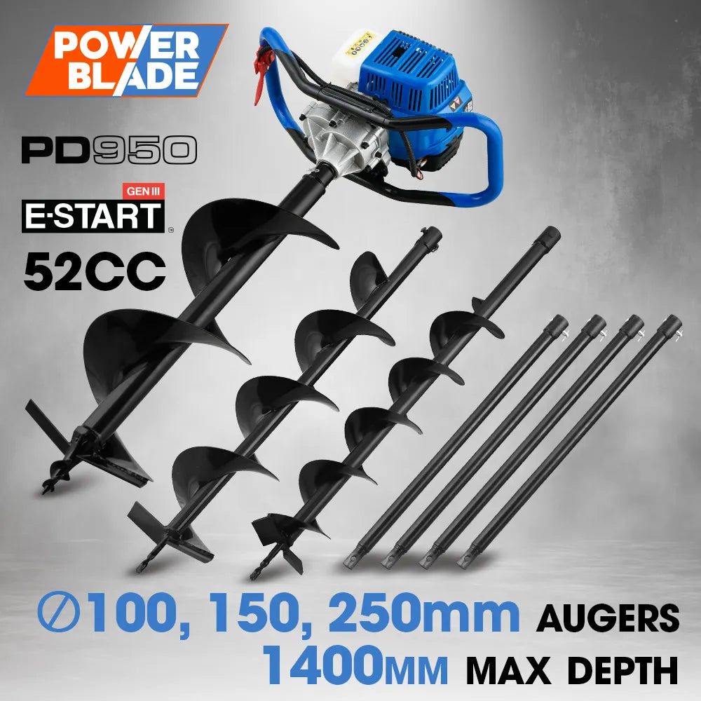 52cc 2-Stroke Petrol Post Hole Digger, w/ 3 Auger bits, 600mm Extension Shaft